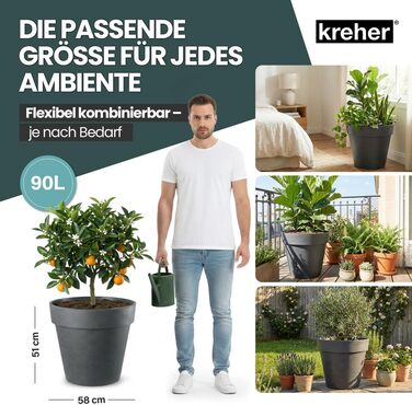 Круглий горщик для квітів Kreher XXL з колесами, діаметром 58 см, антрацит