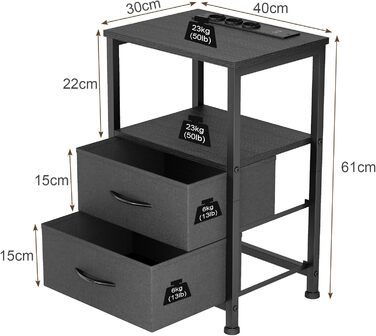 Нічний столик з LED-підсвіткою та функцією зарядки, з ящиком, 3 розетки AC та USB, для вітальні та спальні (40T x 30B x 60H cm, Чорний, 2 шт.)