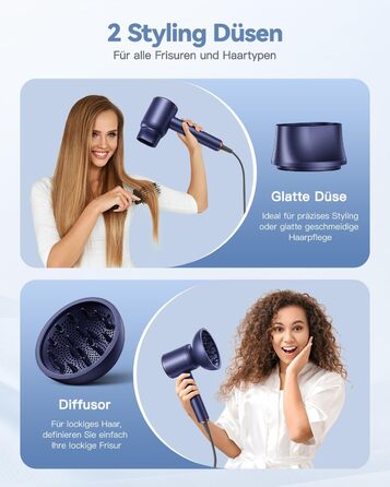 Іонний фен для волосся DEWILY 1800W з дифузором для кучерявого волосся, 3 температурні режими, 2 швидкості, компактний дорожній фен (блакитний)