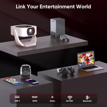 Міні-проектор Beamer 4K 1080P з Wi-Fi/BT, електронним фокусом/автоматичною корекцією трапецеїдальних спотворень, 50% зумом, 270° обертанням для домашнього кінотеатру/відпочинку на природі, сумісний з ноутбуком/смартфоном/мишею