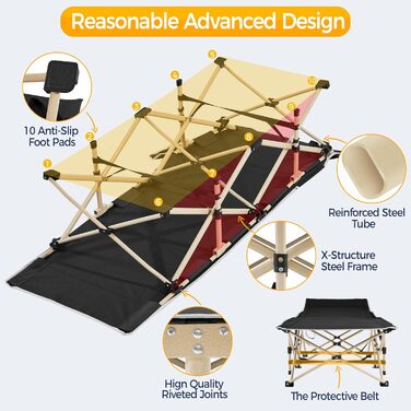 Розкладне ліжко для кемпінгу Yaheetech, похідна шезлонг-ліжка з кишенею та сумкою для транспортування, витримує до 150 кг, чорне