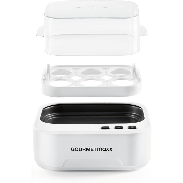 Електричний яйцеварка Gourmetmaxx на 6 яєць зі звуковим сповіщенням | Яйцеварка з функцією діркопроколювача, мірним стаканом та голосовим оповіщенням | 3 ступені нагріву для ідеально зварених яєць | Легке очищення та зручне використання
