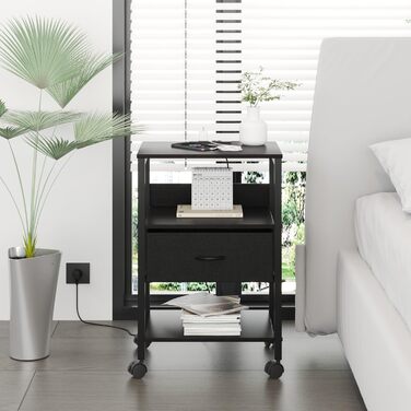 Нічний столик з бездротовою зарядкою, 2 розетки AC та 2 USB, з шухлядою, на колесах, чорний, білий