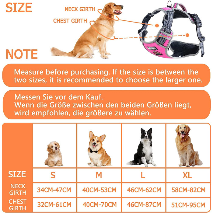 Шлейка для собак Pattepoint регульована дихаюча з ручкою, з захистом від натягу, Світловідбиваюча м'яка шлейка для собак середнього і великого розміру (рожева, XL)