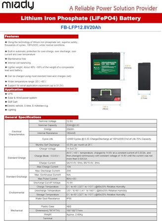 Акумулятор Miady 12V LiFePO4 із захистом BMS, 3000 циклів, не потребує обслуговування, 20 Ач для сонячної системи, автофургон, човен