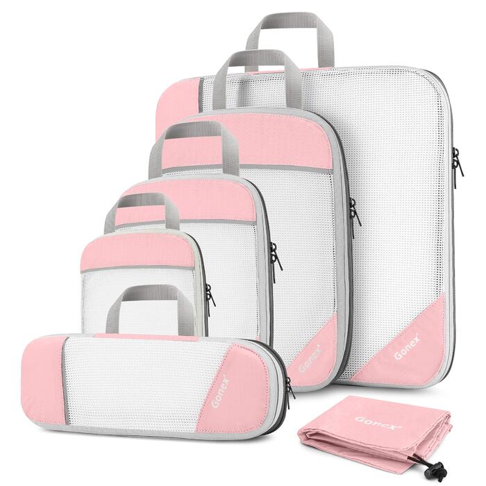 Набір компресійних органайзерів для одягу в подорож Gonex, 6 предметів, рожевий — міцні сумки-пакувальники для валізи та зберігання речей