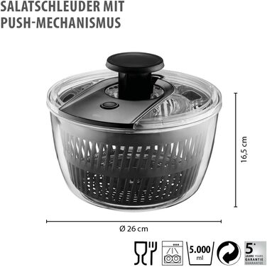 Салатниця-швидкообертач GEFU з кришкою для зберігання | 3л пластикова чаша з вбудованим ситом та ручним приводом | Чорний/Сірий колір