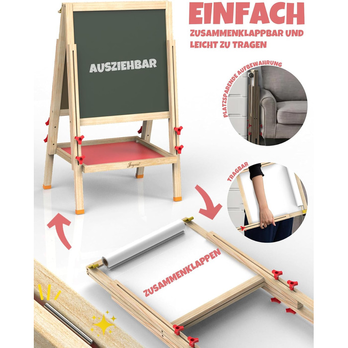 Мольберт для малювання Joyooss для дітей, регульований дерев'яний мольберт, двосторонній, сухий маркер, з аксесуарами для малювання, подарунок для дітей 4-8 років (РОЖЕВИЙ)