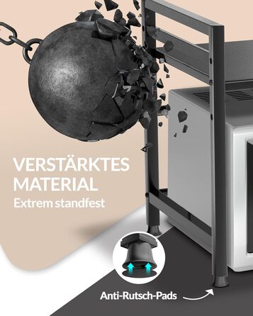 Підставка для мікрохвильової печі та кухонна полиця, сталева, 2-ярусна | Підставка для мікрохвильовки, шафка для мікрохвильовки, полиця для зберігання, полиця пекаря | Регульована висота та довжина, інструкція у відеоформаті, гачки - Чорний колір, 2 яруси