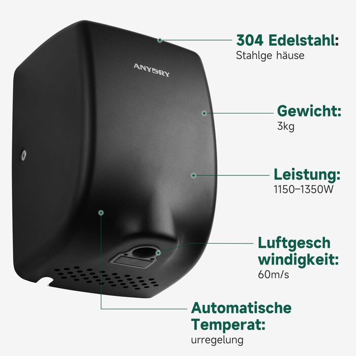 Anydry 2803Y Міні-сушарка для рук, 1350W, нержавіюча сталь, матове чорне покриття, для дому та бізнесу
