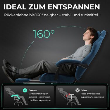 Ігровий крісло Dowinx з масажем попереку, регульованою підголівником, потовщеним сидінням, висувною підніжкою, регульованими підлокітниками, мікрофіброю велюром, нахилом 160°, блакитний колір