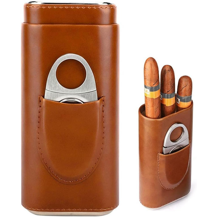 Вишуканий шкіряний тютюнотримач для 3 сигар з нержавіючою сталею та різаком, для подорожей