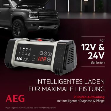 Зарядний пристрій акумуляторів AEG LT 20, 20A для 12/24V авто, 9-ступінчатий, з інтелектуальною функцією заряджання та автоматичним вирівнюванням температури, чорний/сірий