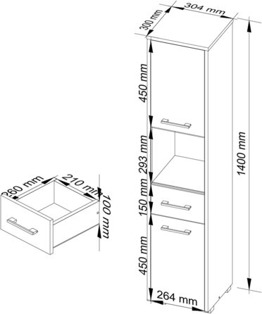 Пенал для ванної AKORD 2D1SZ1WN, W30xH140xD30 см, 25 кг, 2 двері, 1 ящик, 1 відкрите відділення, Sonoma Дуб/Білий