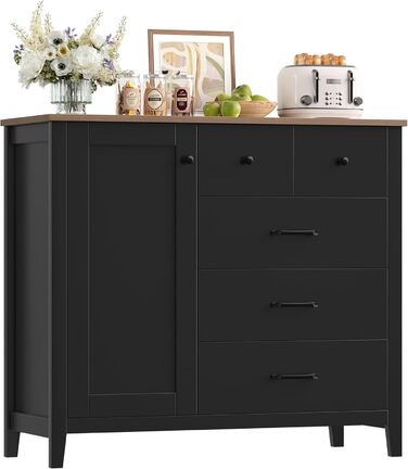 Сайдборд HOCSOK: кухонна шафа з 5 шухлядами та 1 дверцятами, буфет з робочою поверхнею, колір білий+коричневий