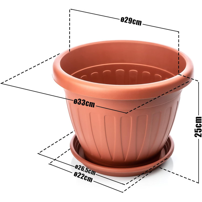 Квітчанка BigDean 3X з підставкою, 3 шт. - круглий, вологостійкий горщик для квітів - з водостоком, стійкий до УФ, з міцного пластику - для внутрішнього та зовнішнього використання - Made in Europe (терракота, ø33xH25 см)