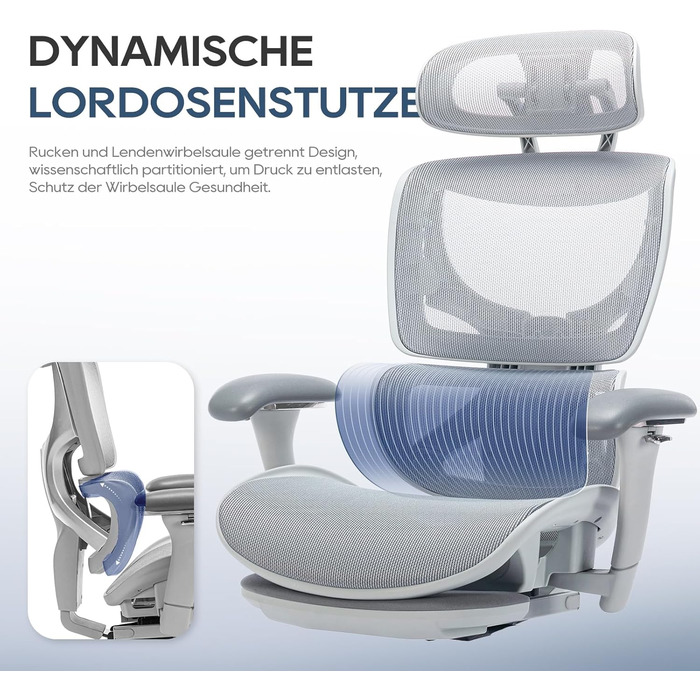 Органічний офісний крісло Colamy з підніжкою, 3D-підлокітниками, підголовником, підтримкою попереку та дихаючою сіткою – крісло для офісу та дому (Сірий)