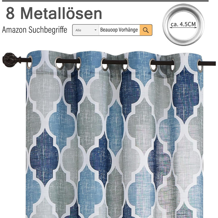 Штори Beauoop Blue Grey Voile, лляний вигляд, ромбоподібний візерунок, комплект з 2 шт. , 127x245см, напівпрозорі