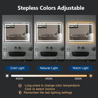 Дзеркало для ванної кімнати Youyijia з підсвічуванням, 70x50 см, антизапітніюче, сенсорне керування, 3 кольори світла, регулювання яскравості