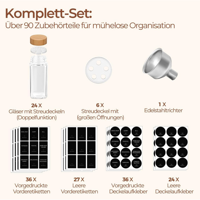Набір баночок для спецій ComSaf 24 шт. по 120 мл з мітками, бамбуковими кришками та нержавіючим сталевим воронкою