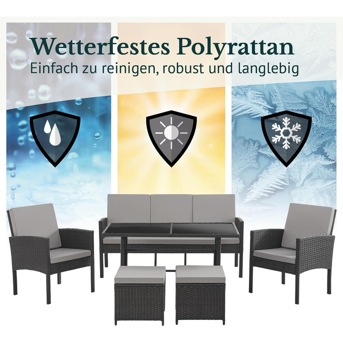 Садовий набір меблів SVITA Denver з поліротангу 4 предмети: 2 крісла, диван на 2 місця, стіл - чорний, сталевий каркас, водостійкий PE-ротанг, подушки