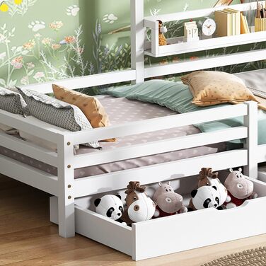 Дитяче ліжко Merax 90x200 см із захистом від випадання, дитяче ліжко з ящиками та полицею для зберігання, міцне дерев'яне ліжко на дереві з рейковим каркасом, ігрове ліжко для хлопчиків і дівчаток, біле ліжко 90 x 200 см з висувними ящиками
