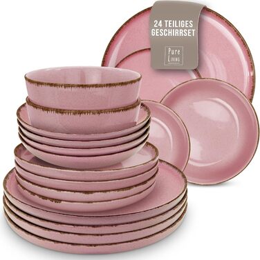 Набір посуду з керамограніту на 6 персон сільський 24 шт. - Набір посуду в сільському стилі, який можна мити в посудомийній машині - Набір мисок і тарілок - Чистий живий посуд (набір з 24 предметів, рожевий)