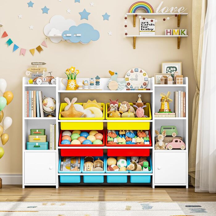 FOREHILL Регульована полиця для іграшок з 8 ящиками, дитячий шафчик, книжкова полиця для дітей, органайзер для іграшок, меблі для дитячої кімнати з іграшковою коробкою, 138,8 x 94,3 x 29,6 см, білий (білий з червоним)