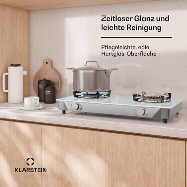 Газова плитка Klarstein 2-конфоркова, 7.7kW, для дому та кемпінгу, нержавіюча сталь, для автодому, портативна