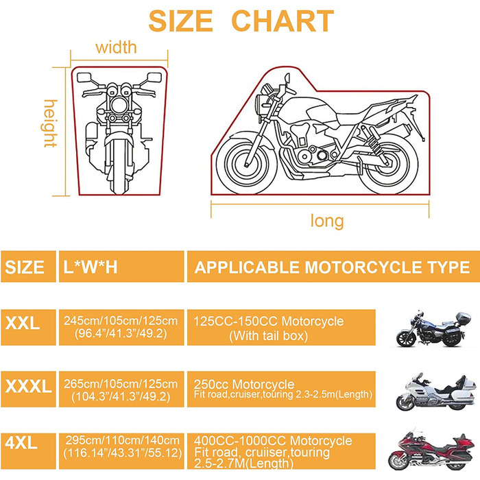 Байкерський чохол для мотоцикла чохол для мотоцикла XXXXL 300D потовщений водонепроникний чохол для мотоцикла брезент подвійний зшитий з водонепроникними смужками покращений замок отвір 295x110x140 см 4XL (XXXL - 265x105x125 см)
