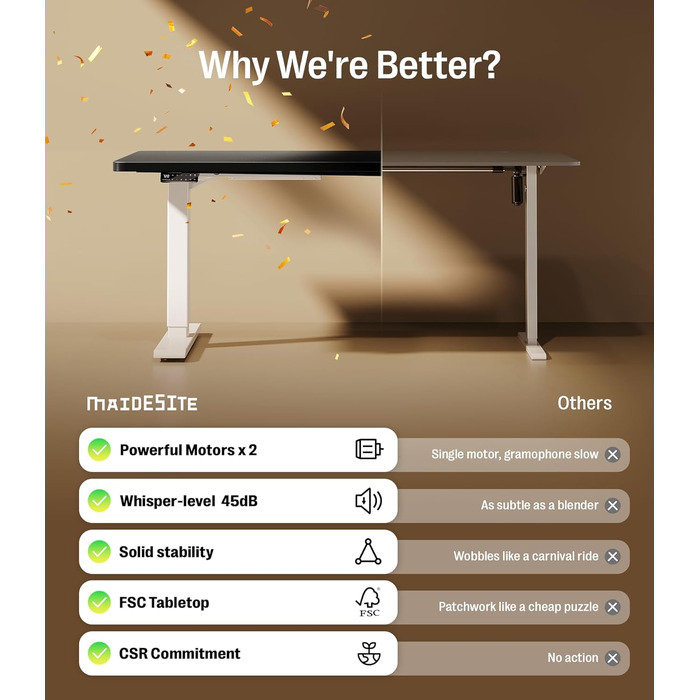 Регульований стіл MAIDeSITe S2 Pro (160x80 см) - електричний, з підняттям, чорний каркас, білий стіл, 160 кг, з захистом від зіткнень