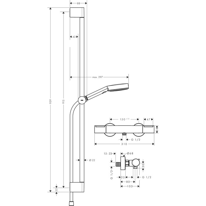 Змішувач для ванної Hansgrohe Ecostat Element накладний з термостатом (SafetyStop 40°C), для 2 споживачів, комплект з водозберігаючим душем та штангою 90 см (хром)