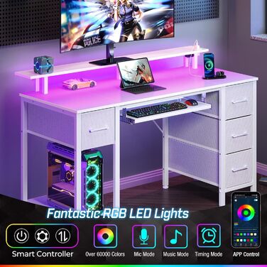 Ігровий стіл Seventable з LED підсвіткою, USB-портами та розетками, білий, 140 см. Комп'ютерний стіл з висувними ящиками, підставкою для клавіатури та монітора для дому та офісу