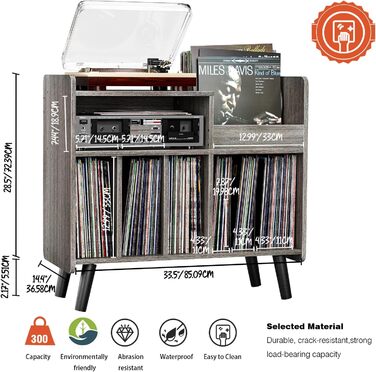 Стіл для програвача, стійка для вінілових пластинок середини століття з місцем для зберігання до 350+ альбомів, шафа для вінілу з регульованими полицями (Сірий)