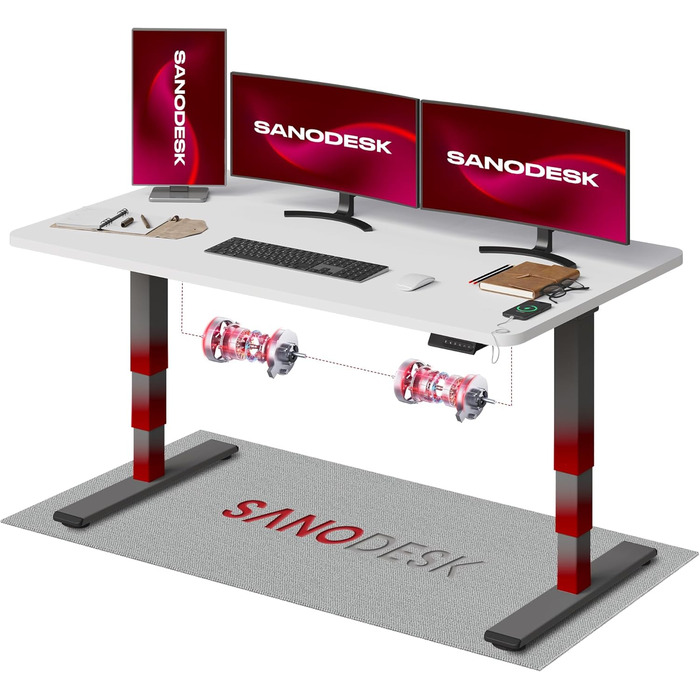 SANODESK Регульований стіл за висотою з настільною плитою, електричний, ергономічний, з тихим двомоторним механізмом, 160x80 см, білий+ахрон (160 x 80 см, сірий + білий)
