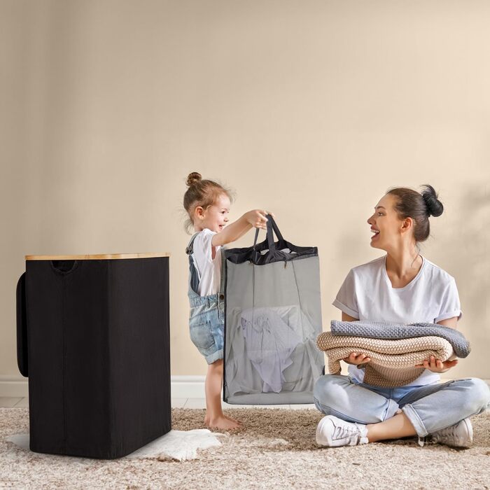 Кошик для білизни Rieeyrslza з кришкою 158 л з бамбука з 2 знімними мішками для білизни, Oxford, складний, для сортування, багатофункціональний, для ковдр та одягу (сірий) (чорний 145л)