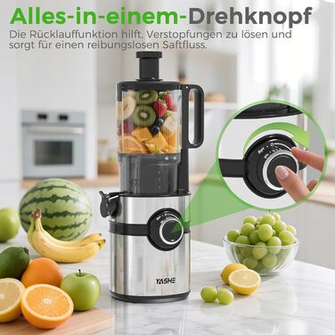Шокер YASHE для вичавлювання соку, повільний соковичавник з широким завантажувальним отвором 12,7 см для цілих фруктів та овочів, соковичавниця з автоматичною подачею, висока вихідність соку, легко миється, чорний