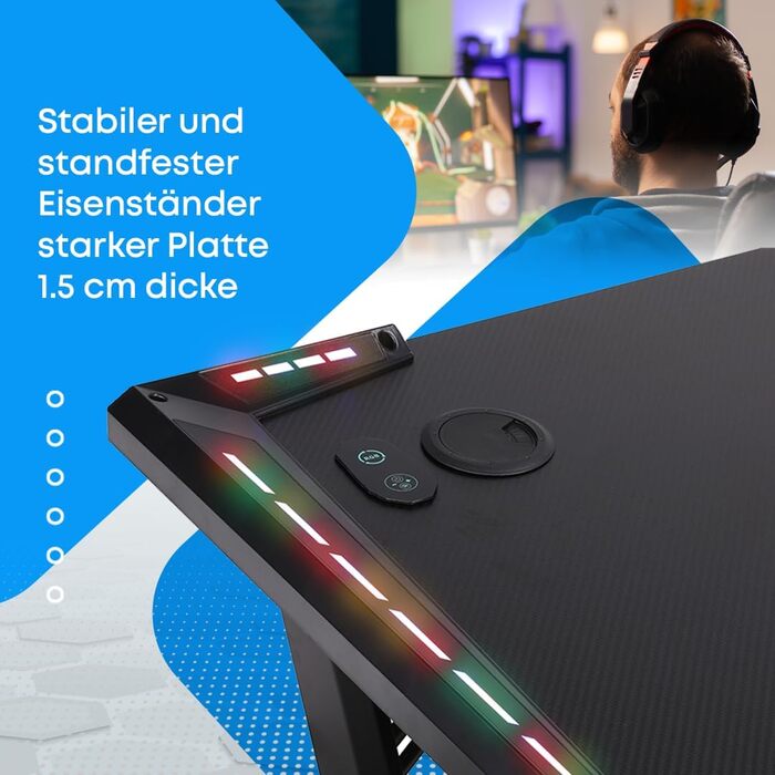 Ігровий стіл NK з LED-підсвічуванням (120x60 см) - з тримачем для напоїв та пляшок, тримачем для навушників, кабельною організацією, стільниця 1.5 см, вантажопідйомність 100 кг, рожевий