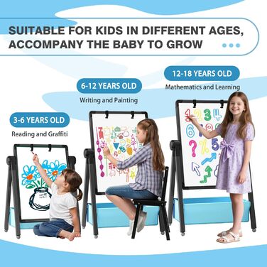 Дитяча мольберт Kinderstaffelei: двосторонній, металевий, регульований по висоті, 360° обертання, дошка для малювання та письма з літерами та цифрами (чорний)