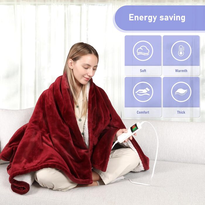 Електрична гріюча ковдра з автовимкненням, 130x180 см, 10 режимів нагріву, таймер 8 годин, захист від перегріву, фланель, машинне прання, для дому та офісу, червона, 130 x 180 см