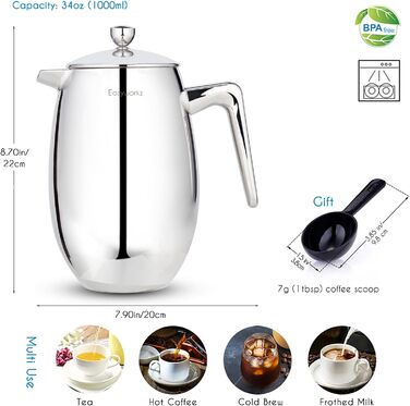 French Press Easyworkz Nando: термо-кавоварка з нержавіючої сталі, 1000 мл, подвійні стінки