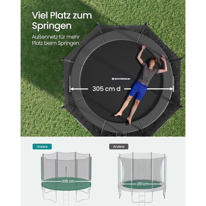Батут SONGMICS вуличний Ø305 см з захисною сіткою, драбиною та м'якими стійками, чорний