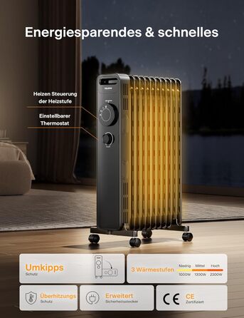 Масляний радіатор PELONIS 2300W з J-подібними ребрами, 3 режими нагріву, термостат, тихий, з захистом від перекидання, енергоефективність A, для спальні, вітальні, офісу, 11 ребер, чорний (без пульта)