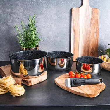 Набір каструль з знімними ручками (3 шт.) з нержавіючої сталі - сумісний з індукційними плитами. Набір каструль, сковорідок та посуду з гранітним покриттям