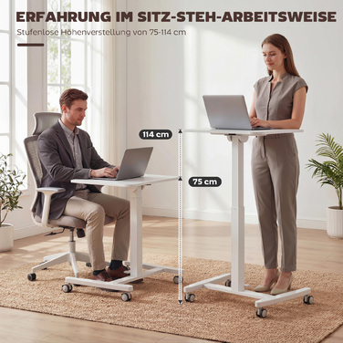 Регульований за висотою стіл для стояння, мобільний стіл з нахиленою стільницею, стопор безпеки, колеса, білий