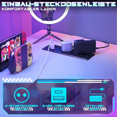 Ігровий стіл з LED-підсвічуванням та розетками, стіл для комп'ютера з USB, стіл для ПК з підставкою для монітора, сучасний офісний/робочий стіл для ігрової кімнати (білий)