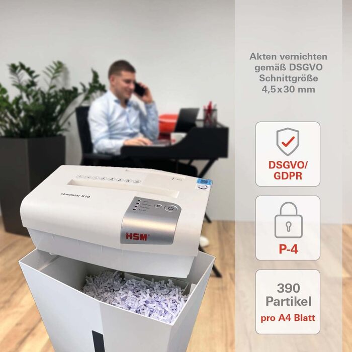 Шредер HSM Shredstar X10: безпечне знищення документів, P-4, 10 аркушів, 4.5x30 мм, для дому та офісу