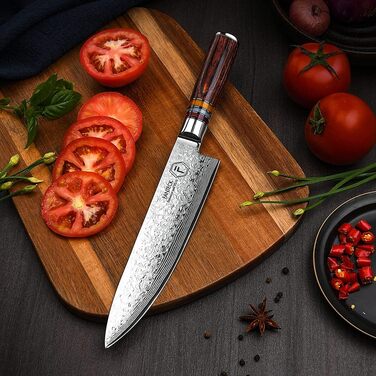 Японський кухонний ніж FANTECK Gyuto з дамаської сталі 20 см (67 шарів VG-10) з дерев'яною ручкою, професійний ніж для кухні, подарункова коробка