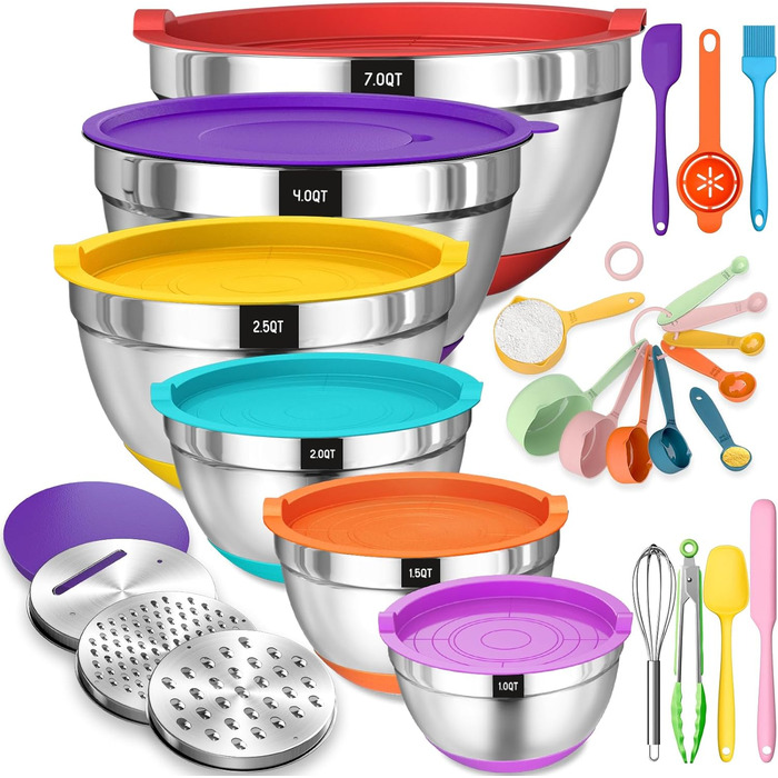 Набір мисок для приготування їжі з нержавіючої сталі (6 шт.) з кришками та силіконовим дном, набір терок, 6.6/3.8/2.4/1.9/1.4/0.6 л - кольорові