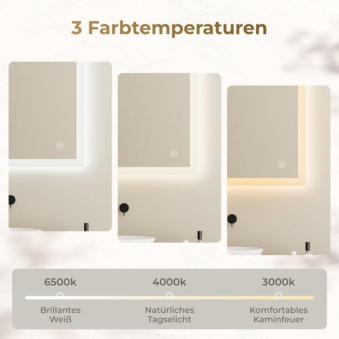 Дзеркало для ванної кімнати з підсвічуванням LED 80x60 см, регульоване, з протитуманним покриттям, вертикальна/горизонтальна установка, 3 кольори світла (3000K/4000K/6500K)